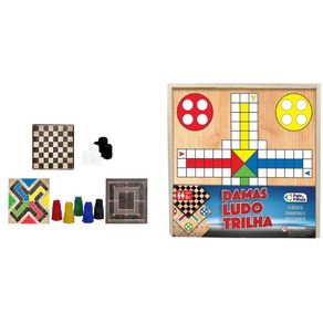 2212 JOGO DAMAS, LUDO E TRILHA CX EM MADEIRA